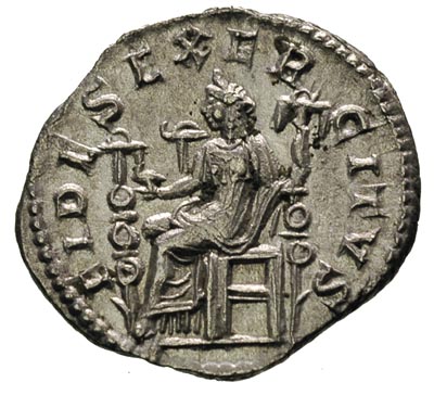 Elagabal 218-222, denar 218-219, Rzym, Aw: Popiersie cesarza w prawo, Rw: Fides siedząca na tronie trzymająca orła, po obu stronach sztandary legionowe, napis FIDES EXERCITVS, srebro 2.60 g, RIC 71