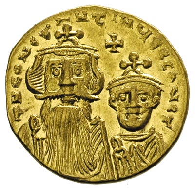 Konstans II 641-668, solidus, oficyna e, Aw: Popiersia cesarza i Konstantyna IV, Rw: Krzyż na trójstopniowym podeście, złoto 4.45 g, Sear 959, wyśmienity stan zachowania