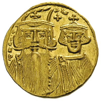 Konstans II 641-668, solidus, oficyna A, Aw: Popiersia cesarza i Konstantyna IV, Rw: Herakliusz i Tyberiusz stojący obok krzyża na trójstopniowym podeście, złoto 4.40 g, Sear 964, wyśmienity stan zachowania