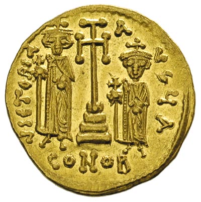 Konstans II 641-668, solidus, oficyna A, Aw: Popiersia cesarza i Konstantyna IV, Rw: Herakliusz i Tyberiusz stojący obok krzyża na trójstopniowym podeście, złoto 4.40 g, Sear 964, wyśmienity stan zachowania