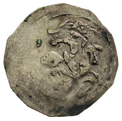Leopold V 1177-1194, fenig, Krems, Aw: Orzeł kroczący w lewo, w otoku gwiazdki, Rw: Książę na koniu w prawo, wznoszący miecz w prawicy, 0.92 g, CNA I, B27, HP IV:6, drobne fragmenty przyklejonego brakteata od strony rewersu