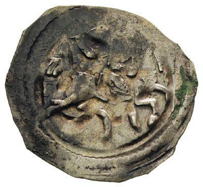Leopold V 1177-1194, fenig, Krems, Aw: Orzeł kroczący w lewo, w otoku gwiazdki, Rw: Książę na koniu w prawo, wznosi miecz w prawicy, 0.79 g, Koch 26c, HP IV:6