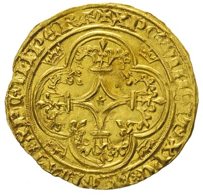 Karol VI 1380-1422, ecu d’or, Aw: Ukoronowana tarcza z trzema liliami, Rw: W obramowaniu ozdobny krzyż z ramionami zakończonymi liliami, w polach korony, złoto 3.89 g, Duplessy 369