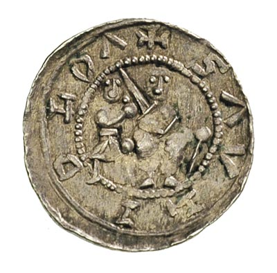 Władysław Wygnaniec 1138-1146, denar, Aw: Książe siedzący na tronie z mieczem w dłoni, obok giermek, w otoku wstecznie napis VOLDILAVS, Rw: Rycerz walczący z lwem, 0.82 g, Stronczyński 40