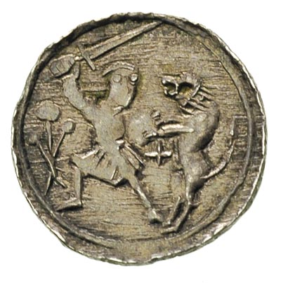 Władysław Wygnaniec 1138-1146, denar, Aw: Książe siedzący na tronie z mieczem w dłoni, obok giermek, w otoku wstecznie napis VOLDILAVS, Rw: Rycerz walczący z lwem, 0.82 g, Stronczyński 40