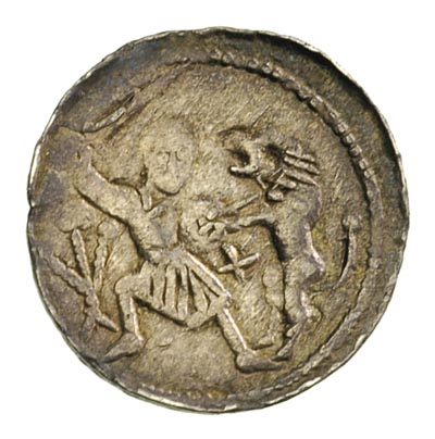 Władysław Wygnaniec 1138-1146, denar, Aw: Książę siedzący na tronie z mieczem w dłoni, obok giermek, w otoku wstecznie napis VODIZLAVS, Rw: Rycerz walczący z lwem, 0.56 g, Stronczyński 40