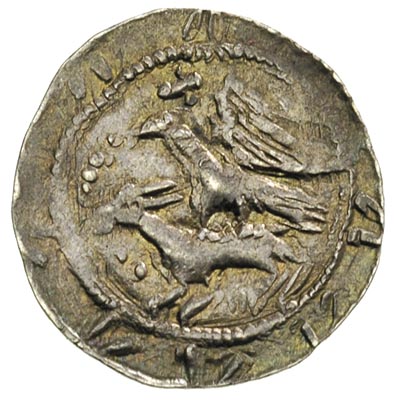 Władysław Wygnaniec 1138-1146, denar, Aw: Rycerz zamierzający się na jeńca, Rw: Orzeł chwytający zająca, w polu X, 0.51 g, Stronczyński 43