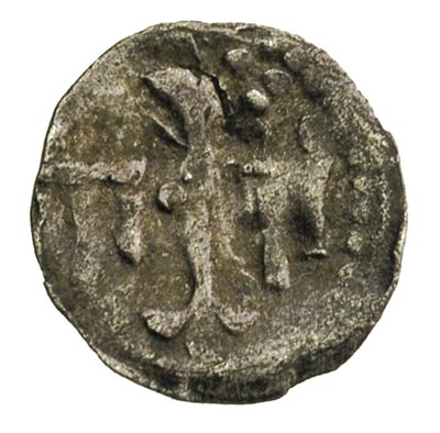Jadwiga 1386-1399, denar koronny, Aw: Orzeł z głową zwróconą w lewo, Rw: Tarcza herbowa Andegawenów, nad nią litera h, 0.22 g, rzadki