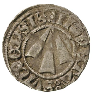 Strzałów, wit przed 1381 r., Aw: Strzała i napis wokoło, Rw: Krzyż, w polu mała strzała, napis wokoło, 1.29 g, Dannenberg 259