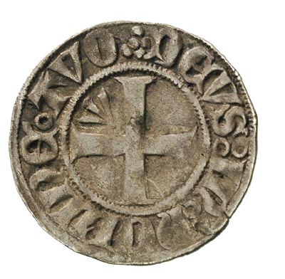 Strzałów, wit przed 1381 r., Aw: Strzała i napis wokoło, Rw: Krzyż, w polu mała strzała, napis wokoło, 1.29 g, Dannenberg 259