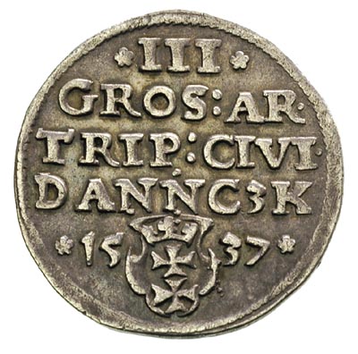 trojak 1537, Gdańsk, na awersie końcówka napisu PRVSSI, Iger G.37.1.d, patyna