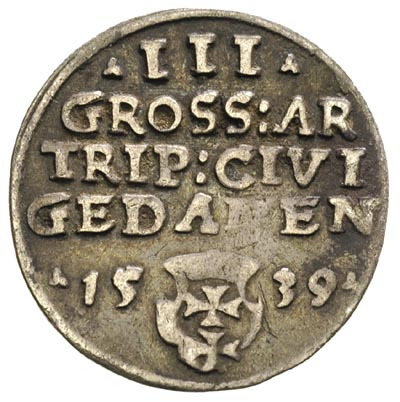 trojak 1539, Gdańsk, na awersie końcówka napisu PRVS, awers Iger G.39.1.e, rewers Iger G.39.1.c, ciemna patyna