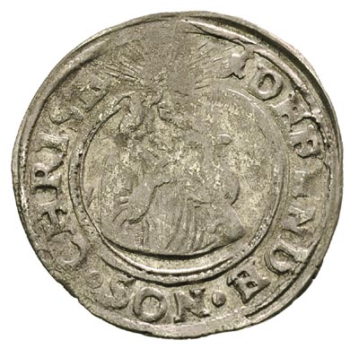 grosz oblężniczy 1577, Gdańsk, moneta z kawką na awersie, wybita w czasie, gdy zarządcą mennicy był W. Tallemann, T.12, wada bicia, lekko gięty, rzadki