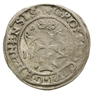 grosz oblężniczy 1577, Gdańsk, moneta z kawką na awersie, wybita w czasie, gdy zarządcą mennicy był W. Tallemann, T.12, wada bicia, lekko gięty, rzadki