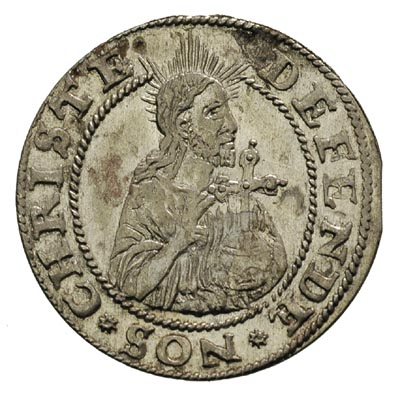 grosz oblężniczy 1577, Gdańsk, moneta bez kawki wybita w czasie, gdy zarządcą mennicy był K. Goebl, na awersie głowa Chrystusa nie przerywa obwódki, T.2.50, bardzo ładny