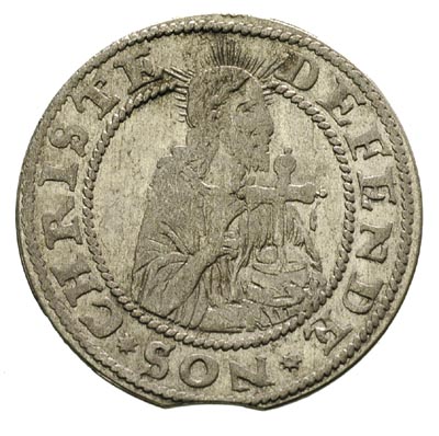 grosz oblężniczy 1577, Gdańsk, moneta bez kawki wybita w czasie, gdy zarządcą mennicy był K. Goebl, na awersie głowa Chrystusa przerywa obwódkę, na rewersie gwiazdka kończy napis, T.2.50, moneta wybita z końcówki blachy, ale ładna