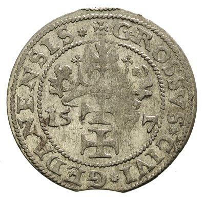 grosz oblężniczy 1577, Gdańsk, moneta bez kawki wybita w czasie, gdy zarządcą mennicy był K. Goebl, na awersie głowa Chrystusa przerywa obwódkę, na rewersie gwiazdka kończy napis, T.2.50, moneta wybita z końcówki blachy, ale ładna