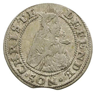 grosz oblężniczy 1577, Gdańsk, moneta bez kawki wybita w czasie, gdy zarządcą mennicy był K. Goebl, na awersie głowa Chrystusa nie przerywa obwódki, T.2.50, moneta wybita z końcówki blachy