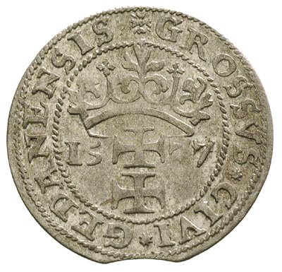 grosz oblężniczy 1577, Gdańsk, moneta bez kawki wybita w czasie, gdy zarządcą mennicy był K. Goebl, na awersie głowa Chrystusa nie przerywa obwódki, T.2.50, moneta wybita z końcówki blachy