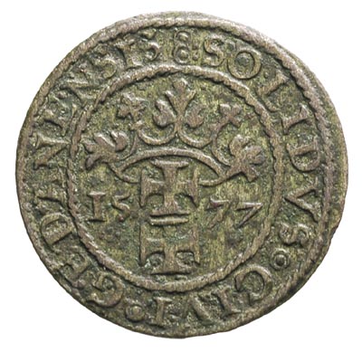 szeląg oblężniczy 1577, Gdańsk, moneta wybita w czasie, gdy zarządcą mennicy był K. Goebl, T.3, ciemna patyna, rzadki w tak ładnym stanie zachowania