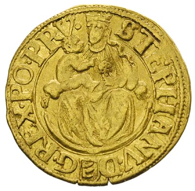 dukat 1576 N-B, Nagy Banya, Aw: Madonna z Dzieciątkiem, napis wokoło, Rw: Stojący król, po jego bokach litery N - B, wokoło napis, złoto 3.45 g, Fr. 71, gięty