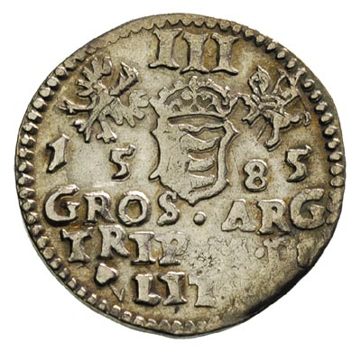 trojak 1585, Wilno, odmiana z herbem Prus pod popiersiem króla, Iger V.85.2.e, moneta z 20. aukcji WCN, patyna
