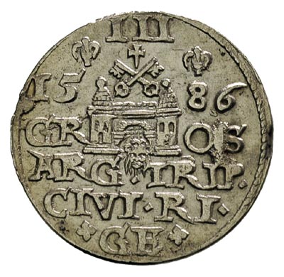 trojak 1586, Ryga, odmiana z małą głową króla, awers Iger R.86.2.d, rewers Iger R.86.2.a, Gerbaszewski 2, ładnie zachowany, ciemna patyna