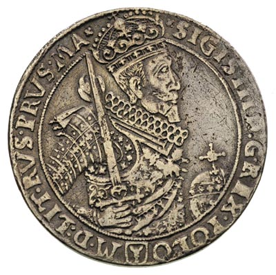 talar 1628, Bydgoszcz, odmiana z herbem podskarbiego pod popiersiem króla, 27.86 g, Dav. 4315, patyna