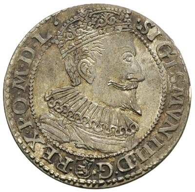szóstak 1596, Malbork, obwódka zewnętrzna nie dotyka wierzchołka korony, a obwódka wewnętrzna dotyka górnej krawędzi korony, ciemna patyna