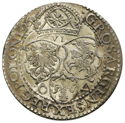 szóstak 1596, Malbork, obwódka zewnętrzna nie dotyka wierzchołka korony, a obwódka wewnętrzna dotyka górnej krawędzi korony, ciemna patyna