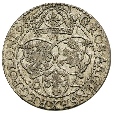 szóstak 1596, Malbork, obwódka zewnętrzna nie dotyka wierzchołka korony, a obwódka wewnętrzna dotyka górnej krawędzi korony