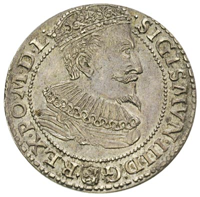 szóstak 1596, Malbork, obwódka zewnętrzna dotyka wierzchołka korony, a obwódka wewnętrzna dotyka dolnej krawędzi korony, patyna