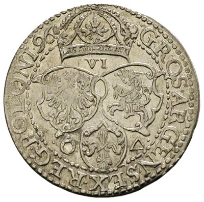 szóstak 1596, Malbork, obwódka zewnętrzna dotyka wierzchołka korony, a obwódka wewnętrzna dotyka dolnej krawędzi korony