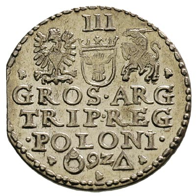 trojak 1592, Malbork, M.92.1.b, krążek monety wycięty z krawędzi blachy, ale wyśmienity stan zachowania