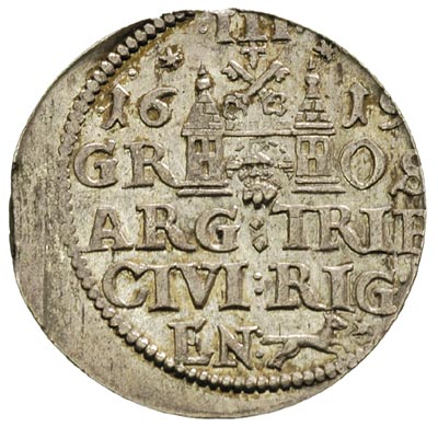 trojak 1619, Ryga, średnie popiersie króla, Iger R.19.2.b, Gerbaszewski 2.1, T.3, niecentrycznie wybity, rzadki