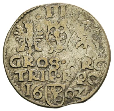 fałszerstwo z epoki trojaka koronnego z datą 1602, Iger A.02.1.c, srebro niskiej próby 2.14 g, lekko zielonkawa ciemna patyna