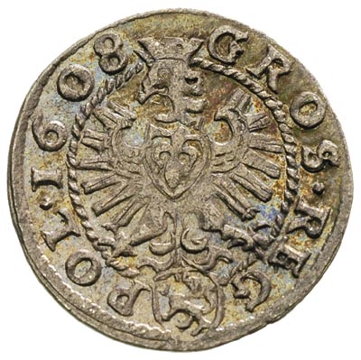 grosz 1608, Kraków, odmiana z kropkami po bokach korony, nieco uszkodzony krążek, ale wyśmienity stan zachowania, patyna