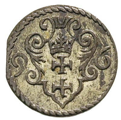 denar 1596, Gdańsk, bardzo ładnie zachowany, patyna