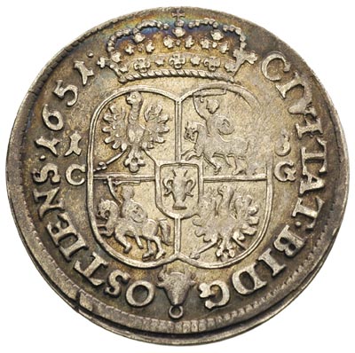 ort 1651, Bydgoszcz, odmiana z cyframi 1-8 po bokach tarczy herbowej, T.7, ładny egzemplarz ze starą patyną, rzadki