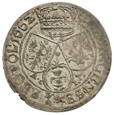 szóstak 1662, Kraków, litery AC - PT pod tarczami herbowymi, moneta z połyskiem menniczym, rzadkość