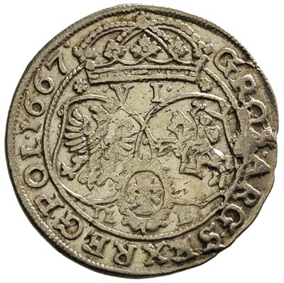 szóstak 1667, Bydgoszcz, różyczki nad, a litery TL - B pod tarczami herbowymi, bardzo ładny