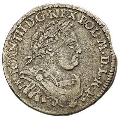 ort 1677, Bydgoszcz, T.2, moneta z końcówki blachy, patyna
