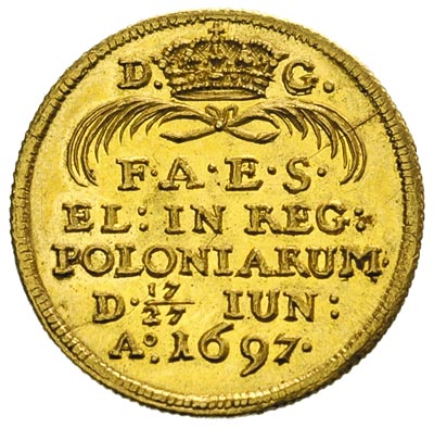 dukat koronacyjny 1697, Drezno, Aw: Król na koniu, Rw: Napisy, złoto 3.46 g, H-Cz. 2587 R, Merseb. 1389, Fr. 2827, ładnie zachowany egzemplarz