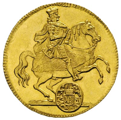 dukat wikariacki 1711, Drezno, Aw: Król na koniu, Rw: Dwa stoły z insygniami, złoto 3.47 g, Merseb. 1487, Fr. 2822, bardzo ładnie zachowany