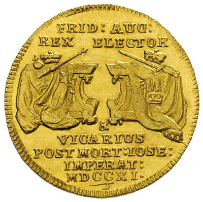 dukat wikariacki 1711, Drezno, Aw: Król na koniu, Rw: Dwa stoły z insygniami, złoto 3.47 g, Merseb. 1487, Fr. 2822, bardzo ładnie zachowany