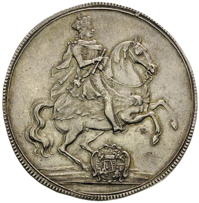 talar wikariacki 1711, Drezno, 28.81 g, Aw: Król na koniu, Rw: Dwa stoły z insygniami, Schnee 1011, Dav. 2655, ładnie zachowany, patyna