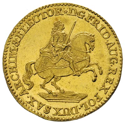 dukat wikariacki 1741, Drezno, Aw: Król na koniu, Rw: Tron, złoto 3.46 g, Merseb. 1696, Fr. 2865, bardzo ładnie zachowany