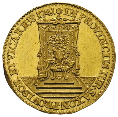 dukat wikariacki 1741, Drezno, Aw: Król na koniu, Rw: Tron, złoto 3.46 g, Merseb. 1696, Fr. 2865, bardzo ładnie zachowany