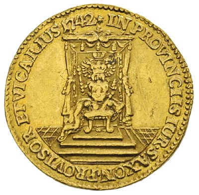 dukat wikariacki 1742, Drezno, Aw: Król na koniu, Rw: Tron, złoto 3.48 g, Merseb. 1700, Fr. 2865
