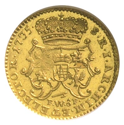 półdukat 1735, Drezno, Merseb. 1682, Fr. 2829, moneta w pudełku NGC z certyfikatem MS 64, z 15. aukcji WCN